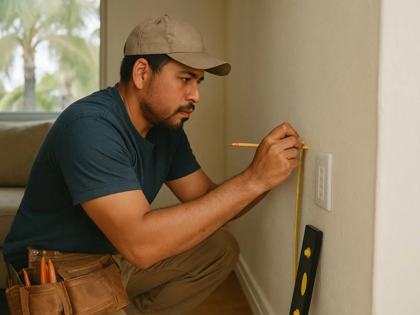 A man kneels indoors, measuring a wall beside an outlet with a pencil and tape measure
