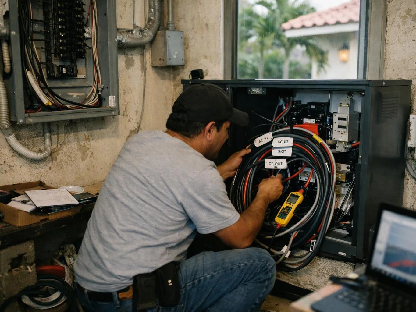 A man kneels by an open electrical cabinet, checking coiled cables with a yellow meter in a utility room