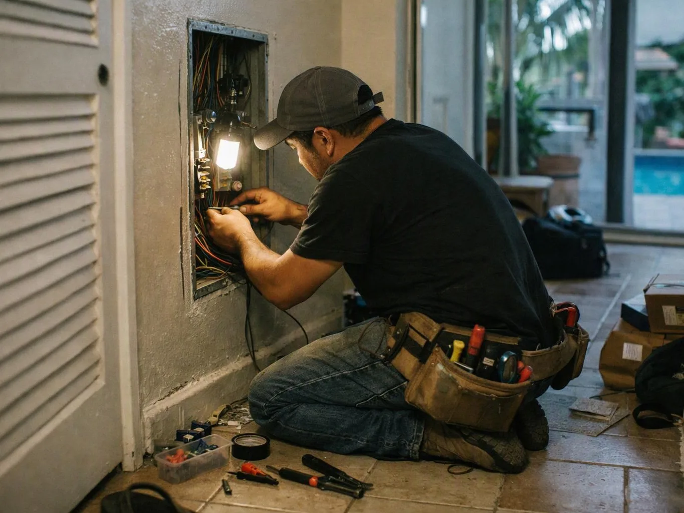 A man kneels by an open wall panel, wiring electrical components with tools spread on the floor