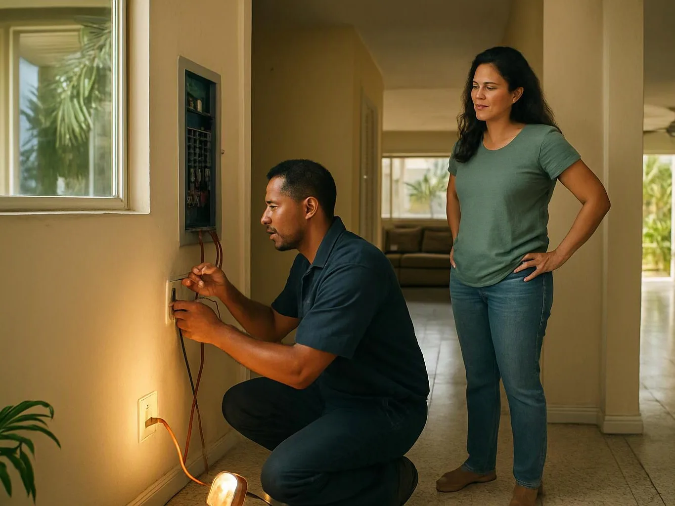 A man kneels by a wall panel while a woman stands watching in a sunlit hallway