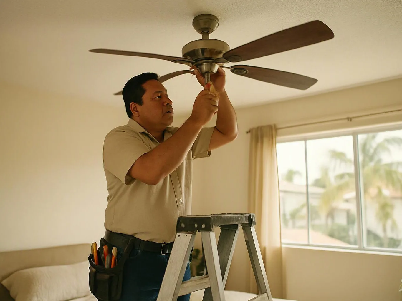 A man on a ladder repairs a ceiling fan in a bright bedroom with a window and curtains