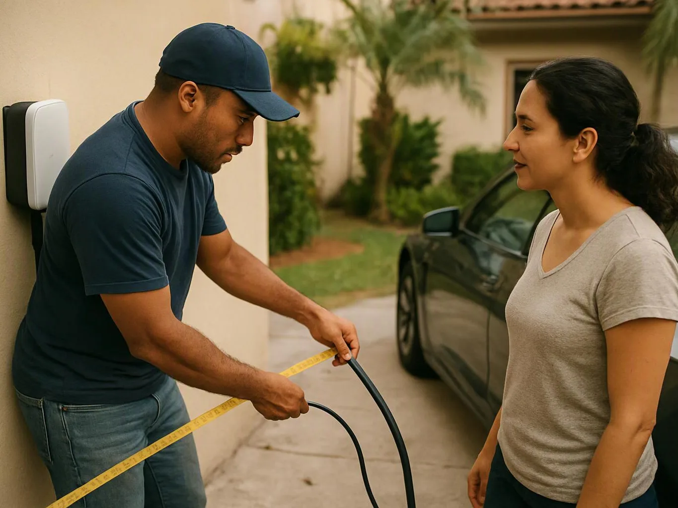 A man measures a black hose beside a parked car while a woman watches in a driveway