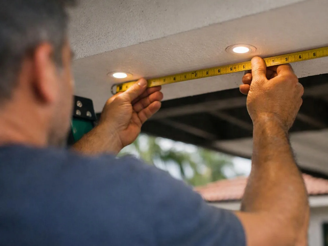 A man measures the underside of a roof overhang with a yellow tape measure near two recessed lights