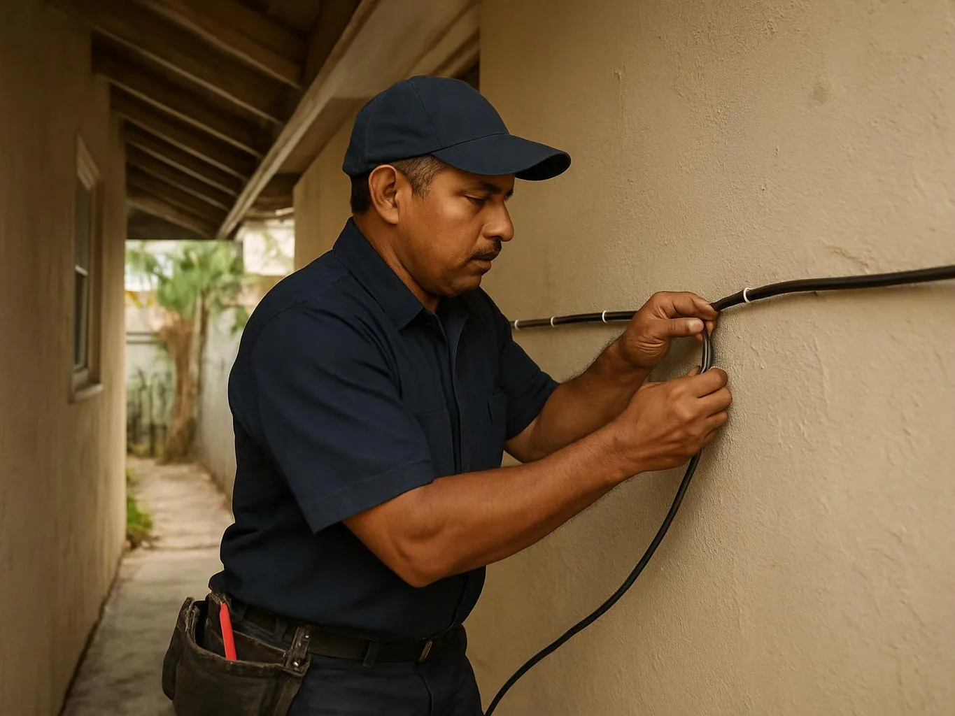 A man in a navy uniform fixes a black cable to a stucco wall in a narrow outdoor passage