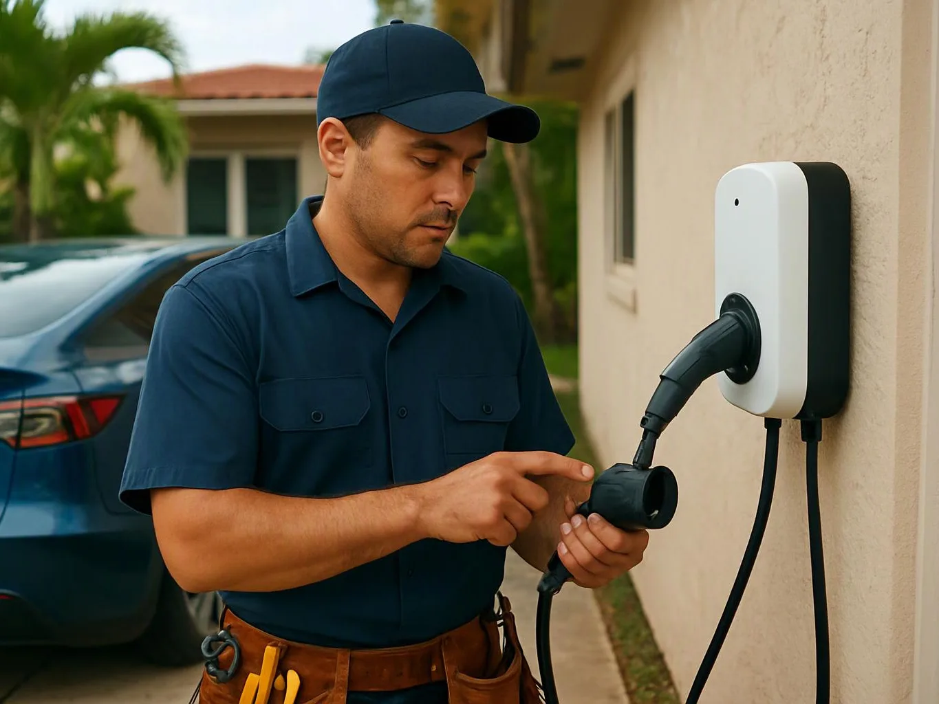 A man in a navy uniform inspects an electric car charging plug beside a house driveway