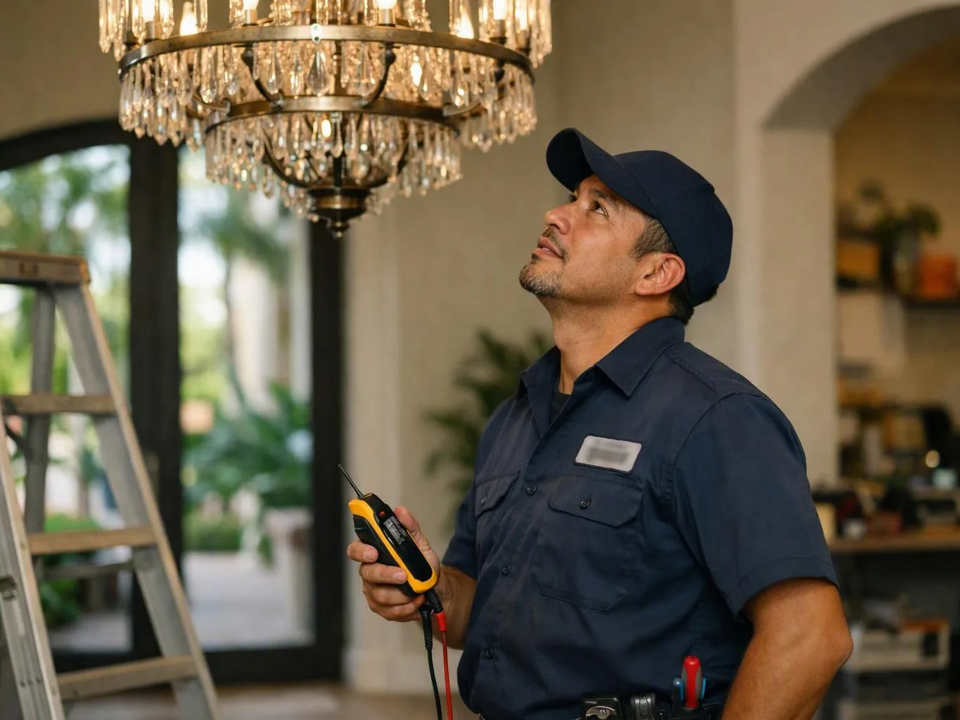 A man in a navy work uniform inspects a chandelier indoors while holding a handheld tester