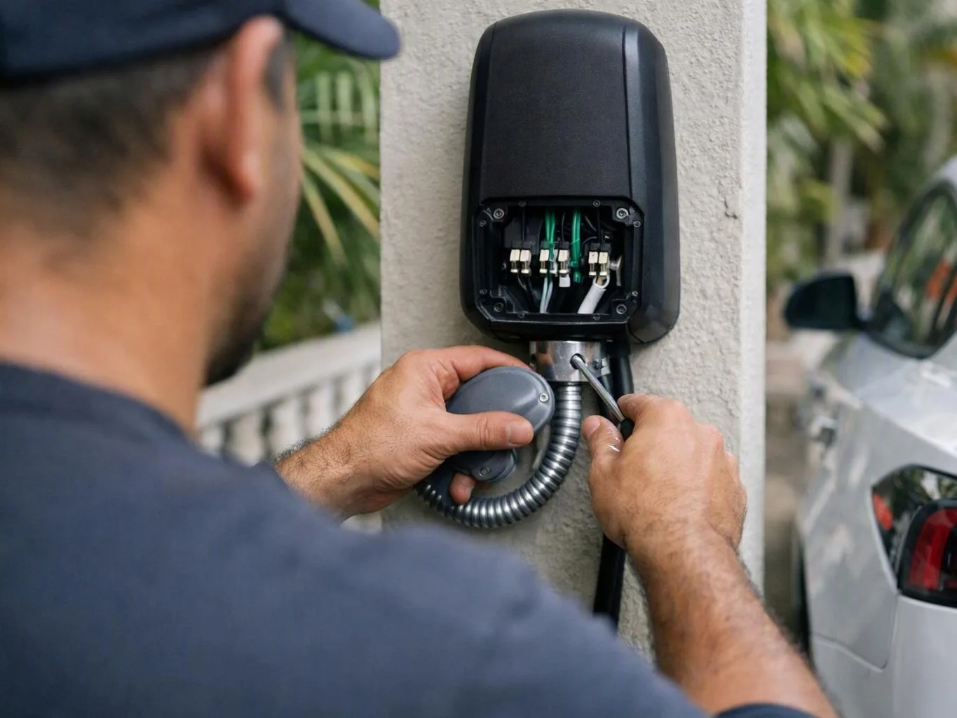 A man repairs an open outdoor electrical box beside a car, holding tools and wiring on a pillar