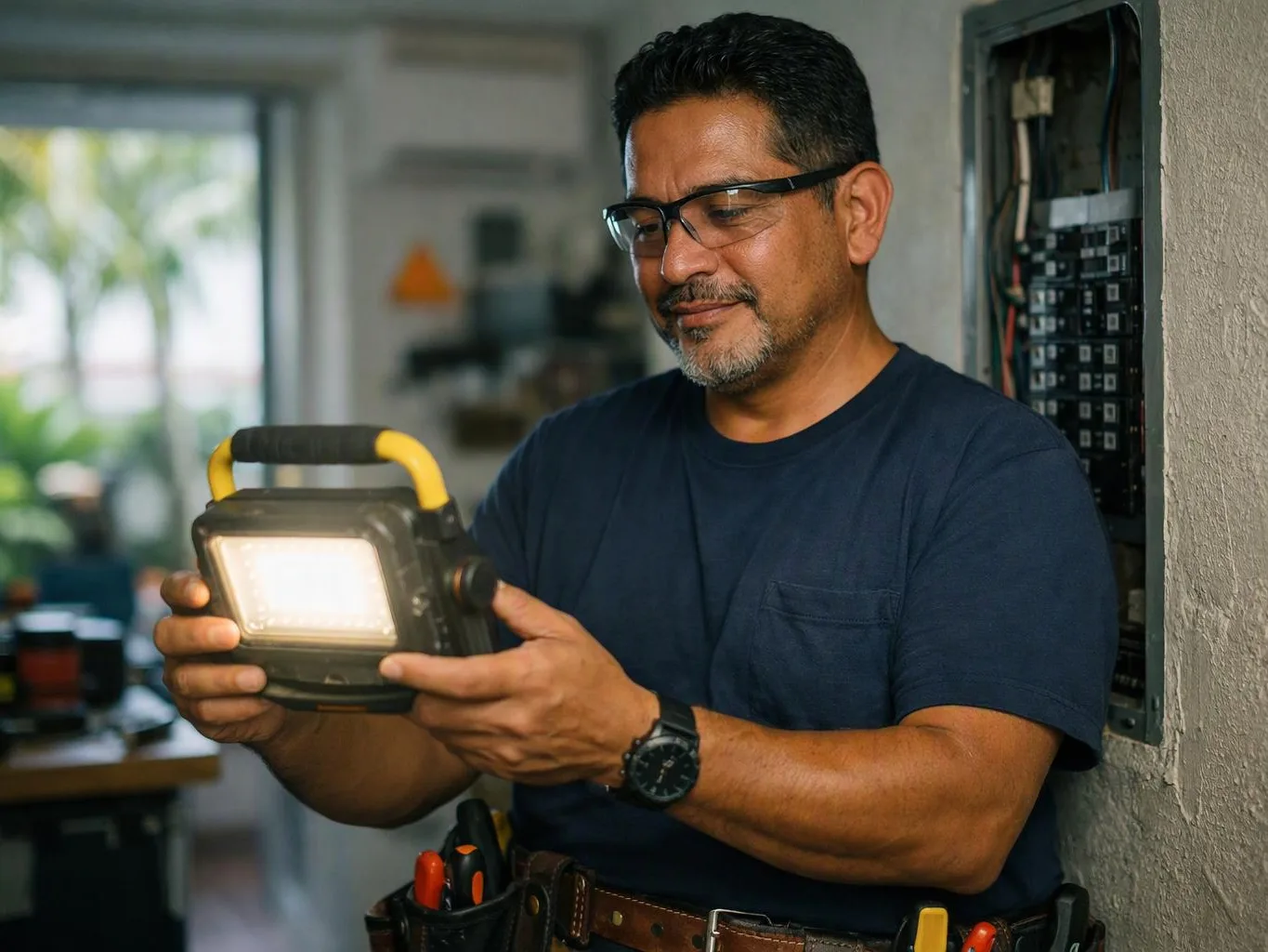 A man in safety glasses inspects a glowing portable work light beside an open electrical panel