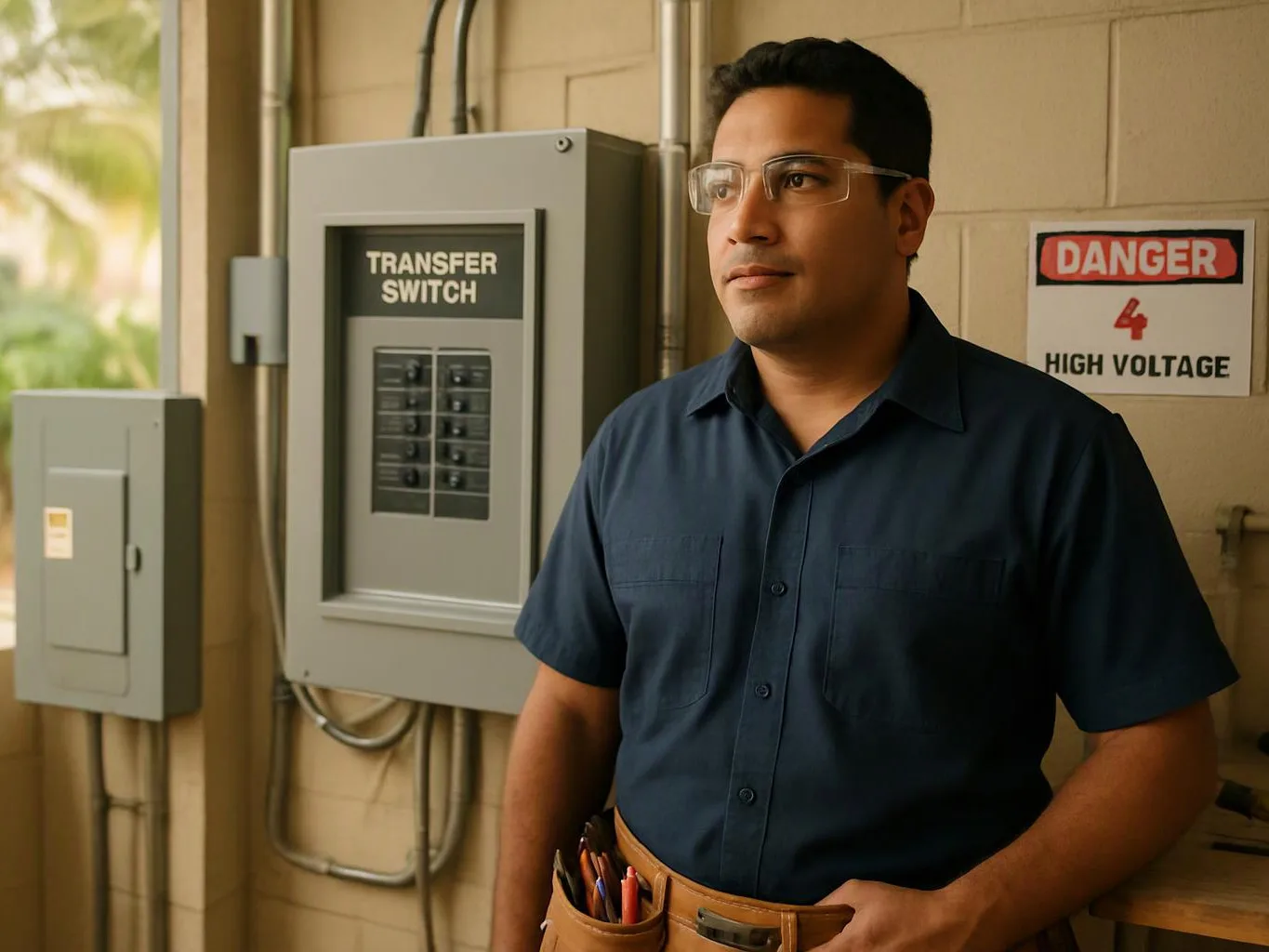 A man in safety glasses stands beside electrical panels and a danger sign in a utility room