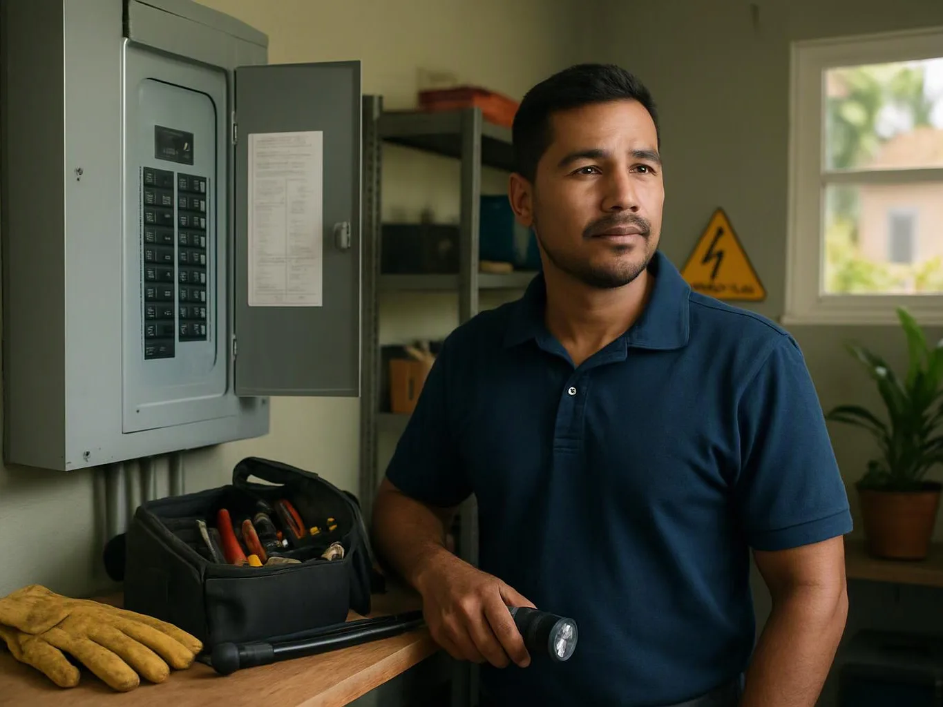 A man stands beside an open electrical panel, holding a flashlight in a workshop with tools and safety gear nearby