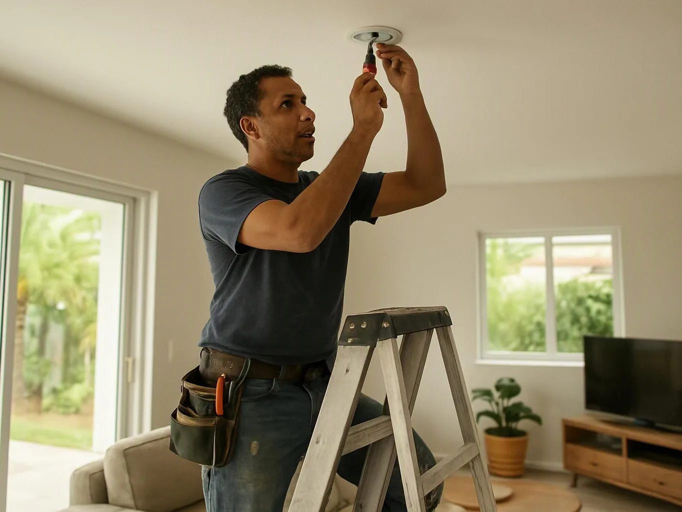 A man stands on a ladder, using a screwdriver to work on a ceiling light in a bright living room
