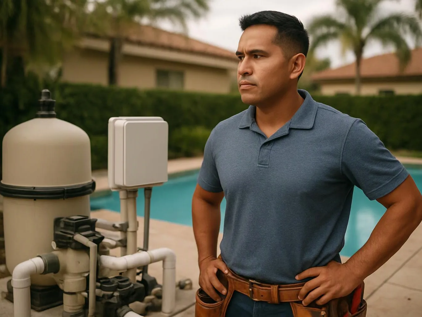 A man stands by a pool filtration system, looking serious with his hands on his hips