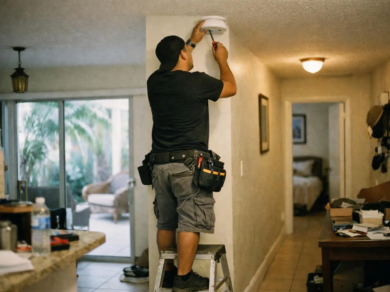 A man on a step stool installs a smoke detector in a hallway inside a home