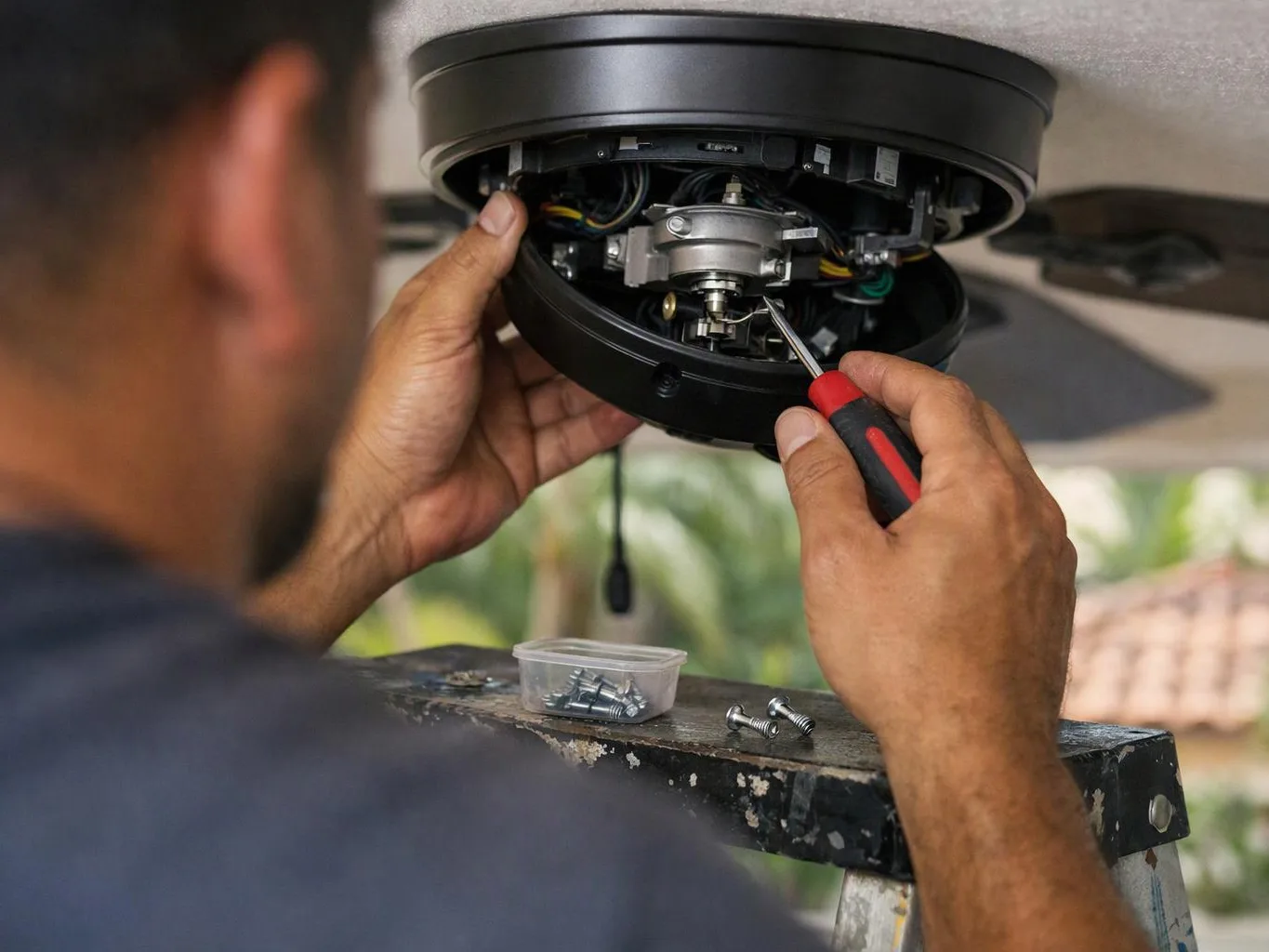 A man uses a screwdriver to repair a ceiling fan with its housing open