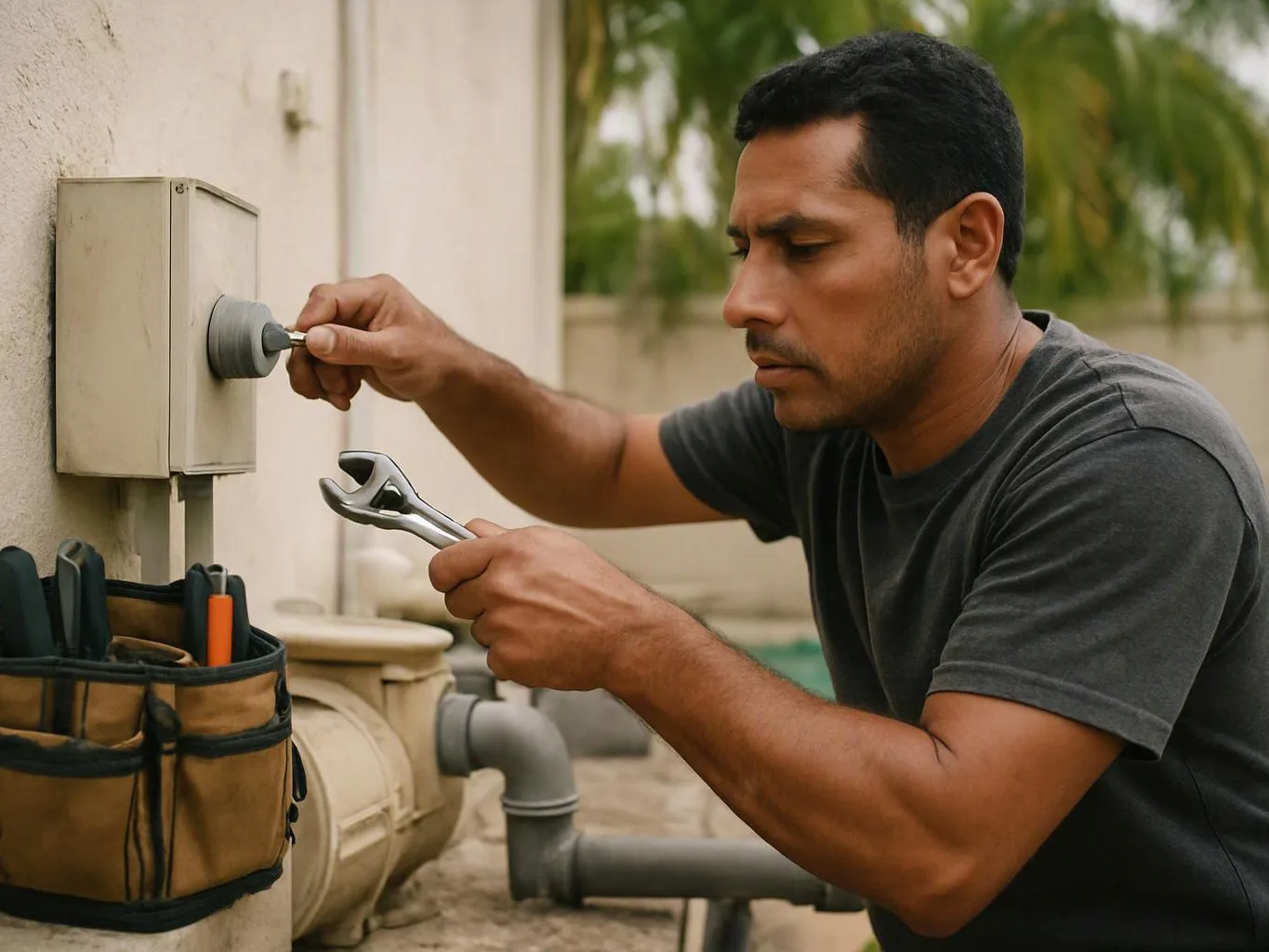 A man uses a wrench to adjust a wall-mounted fixture beside outdoor pipes and a tool bag