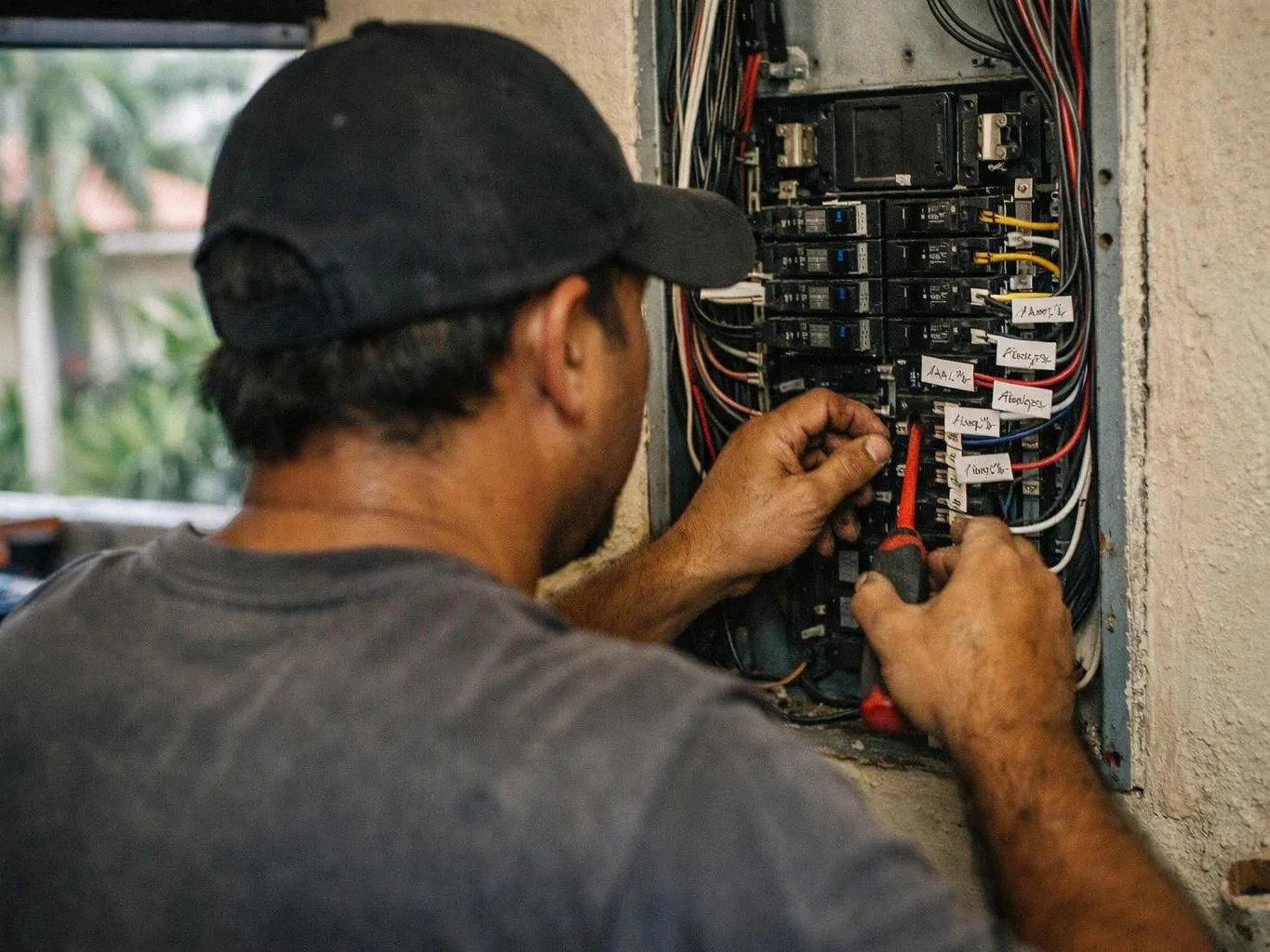 A man wearing a cap works inside an open electrical breaker panel with a screwdriver