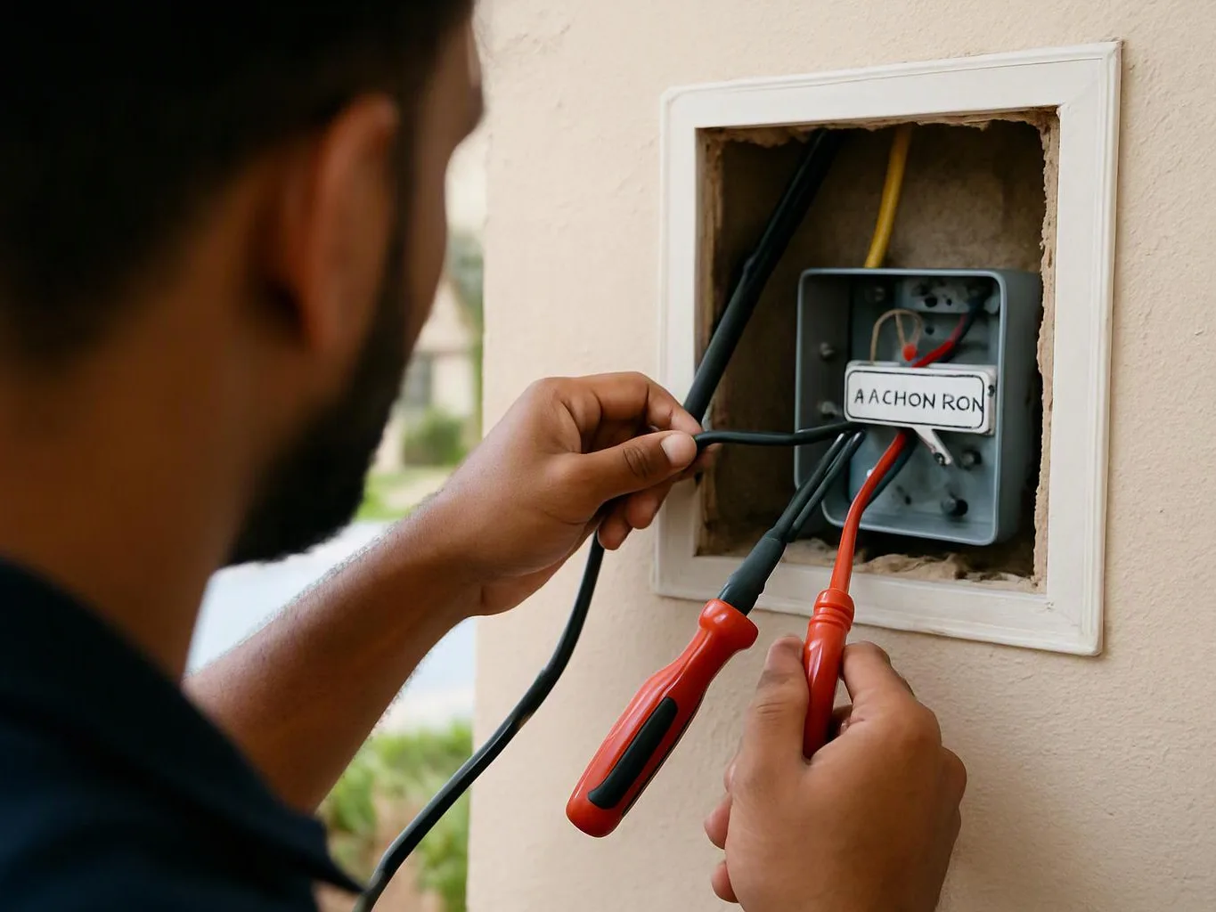 A man works on exposed electrical wires in a wall box with two red-handled tools
