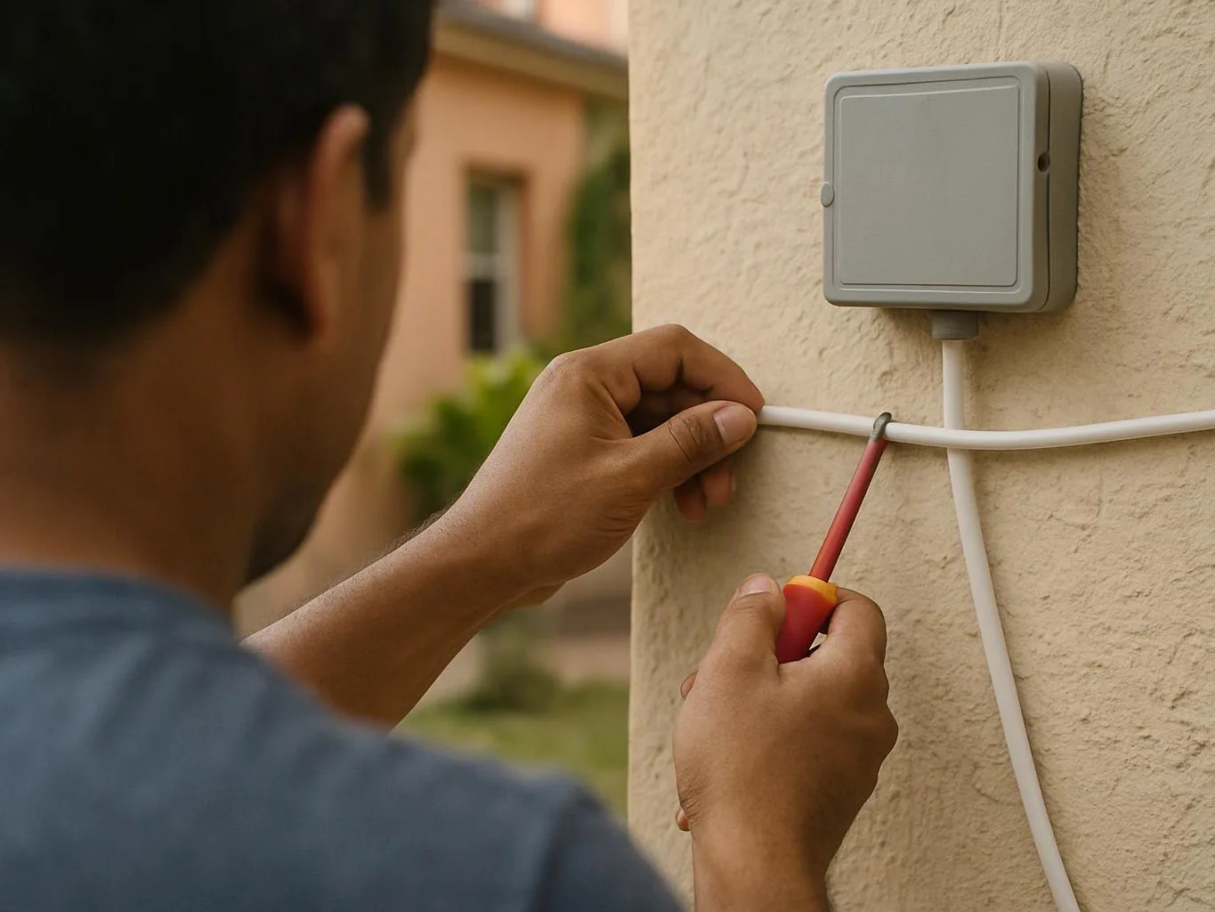 A man works with a screwdriver on a white cable beside a gray wall box outdoors