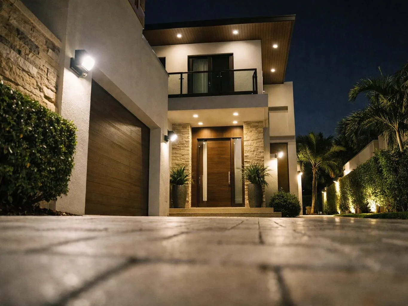 A modern house entrance glows at night, with a garage, front door, balcony, and lit walkway
