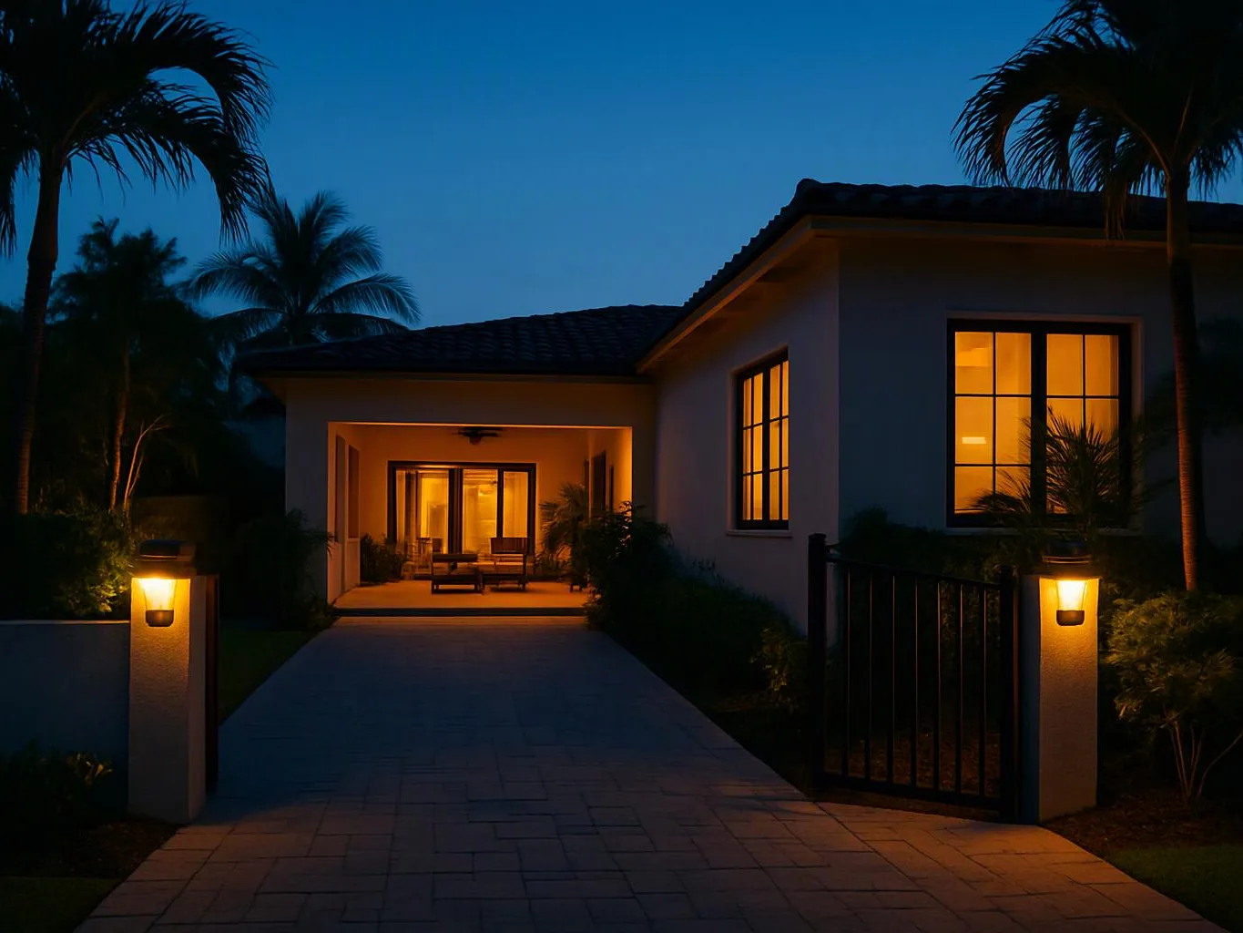 A modern house glows warm at dusk, with a lit driveway, palm trees, and an open patio view