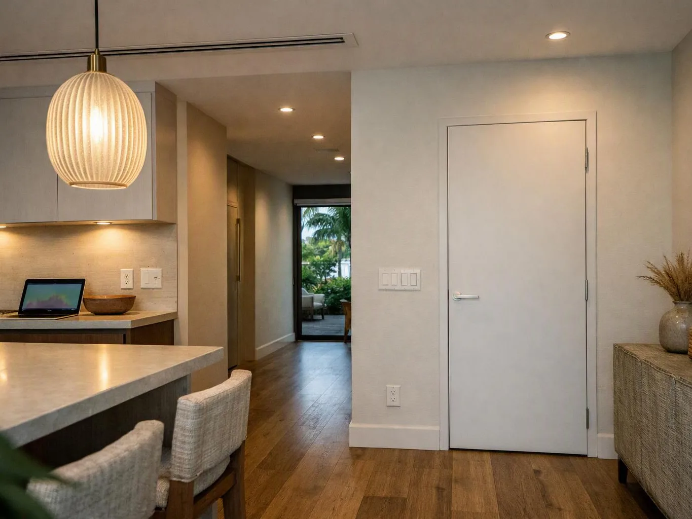 A modern kitchen and hallway show a lit pendant lamp, white door, counter stools, and a view to greenery outside