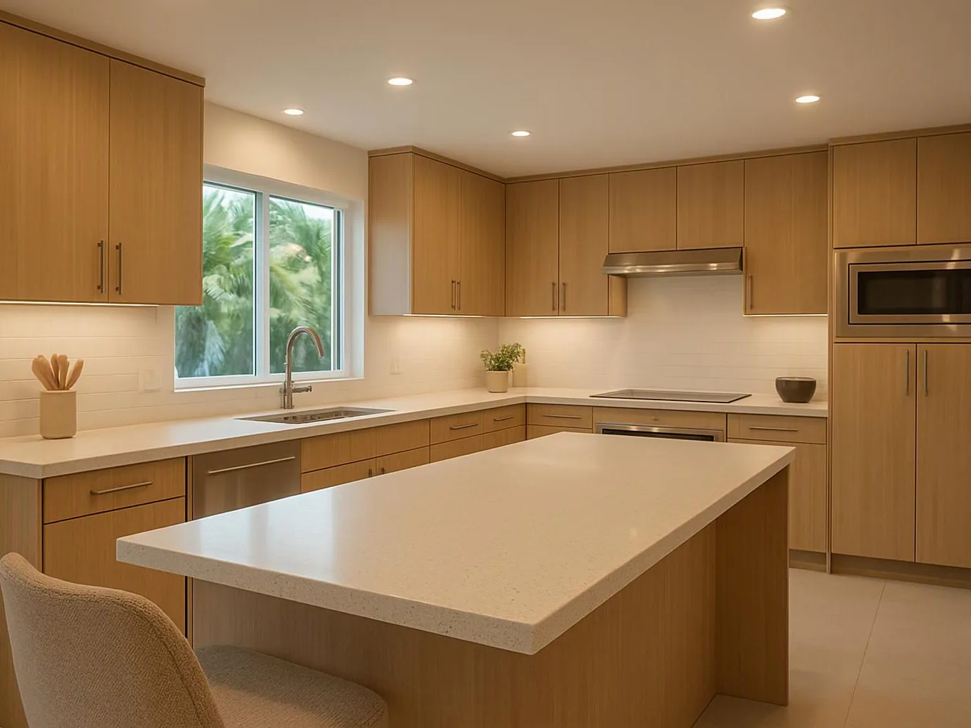 A modern kitchen with wood cabinets, a large island, and a window above the sink, lit by recessed ceiling lights