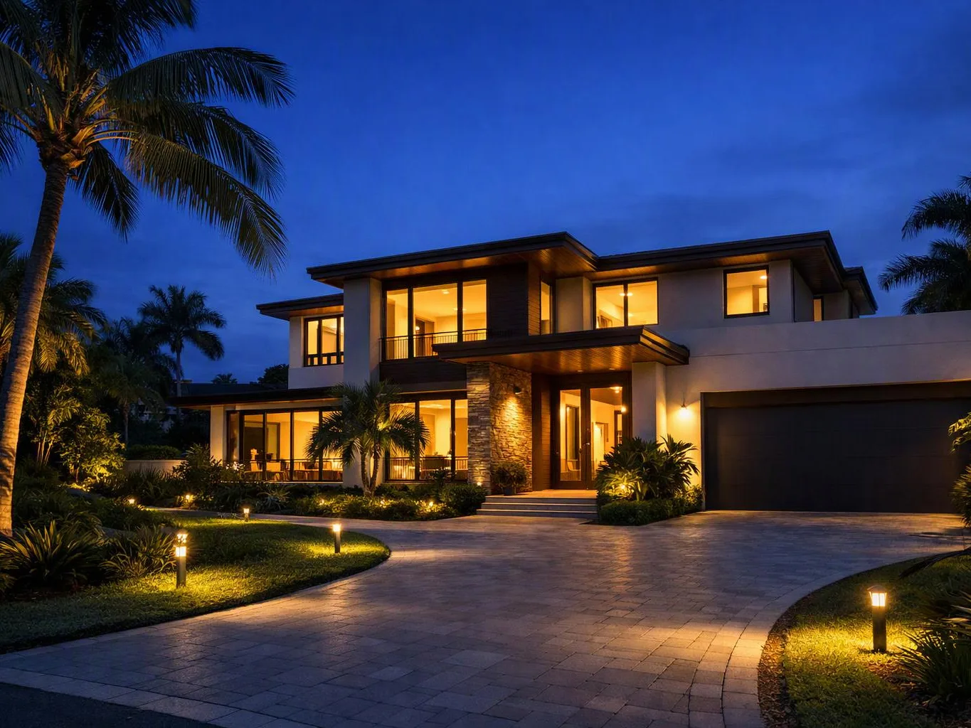 A modern two-story house glows at dusk, with palm trees, lit landscaping, and a curved driveway leading to the garage