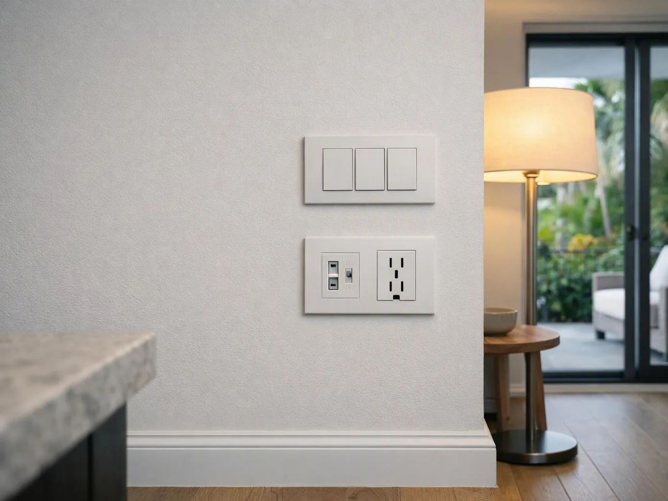 A modern wall shows three light switches and outlets beside a glowing floor lamp and sliding glass door