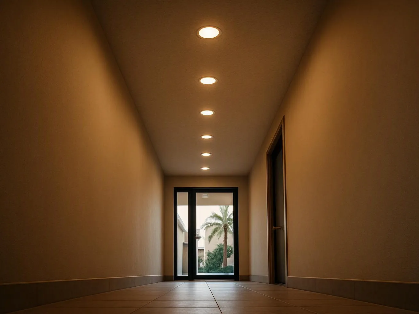 A narrow beige hallway with recessed ceiling lights leads to a glass door and a palm tree outside
