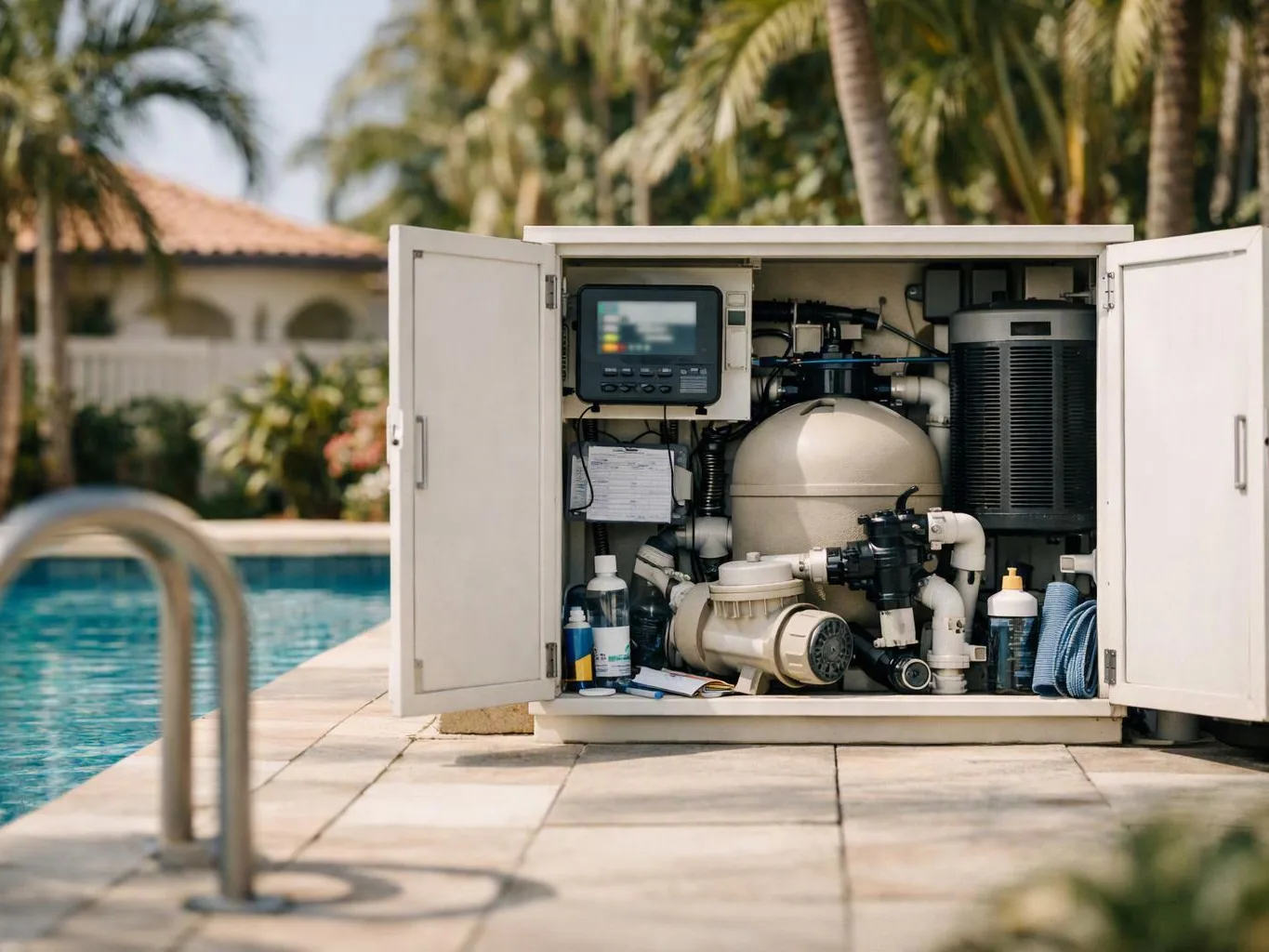 Open cabinet beside a pool reveals pumps, pipes, filters, and control equipment in sunlight