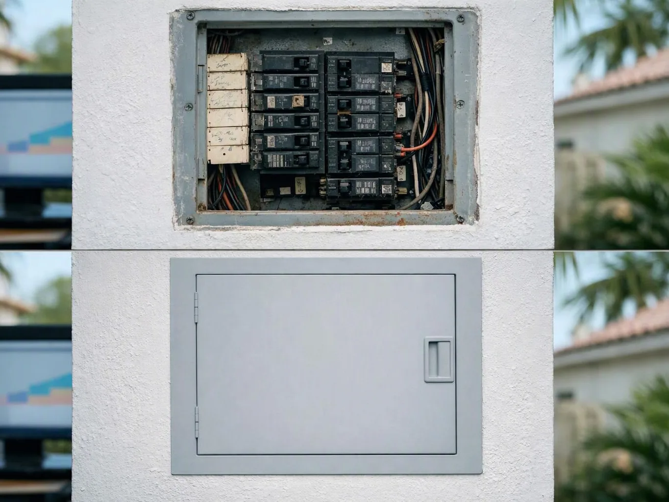 Open electrical breaker panel above a closed metal access door on a white wall