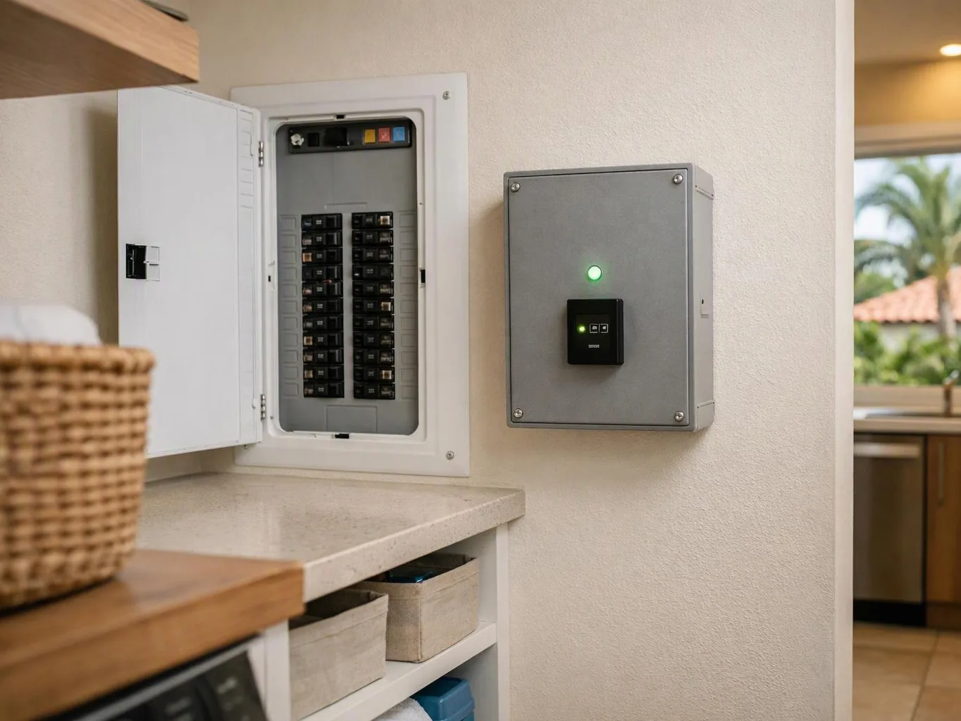 An open electrical breaker panel and a gray wall box with green lights sit in a bright kitchen area