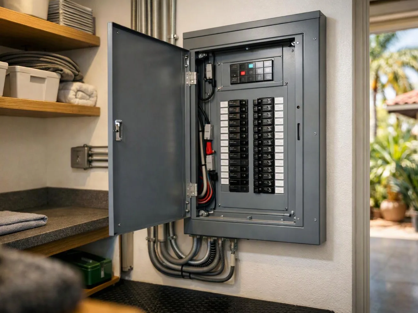 An open electrical breaker panel hangs on a wall beside shelves, with wiring visible and daylight coming through a doorway