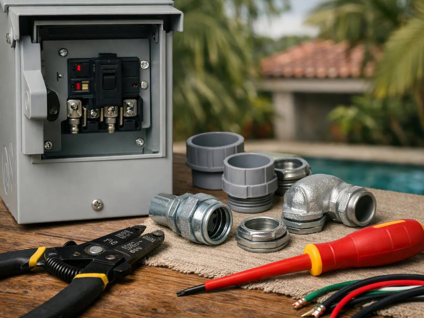 An open electrical control box sits beside cable fittings, a crimping tool, and a red screwdriver on a wooden table by a pool
