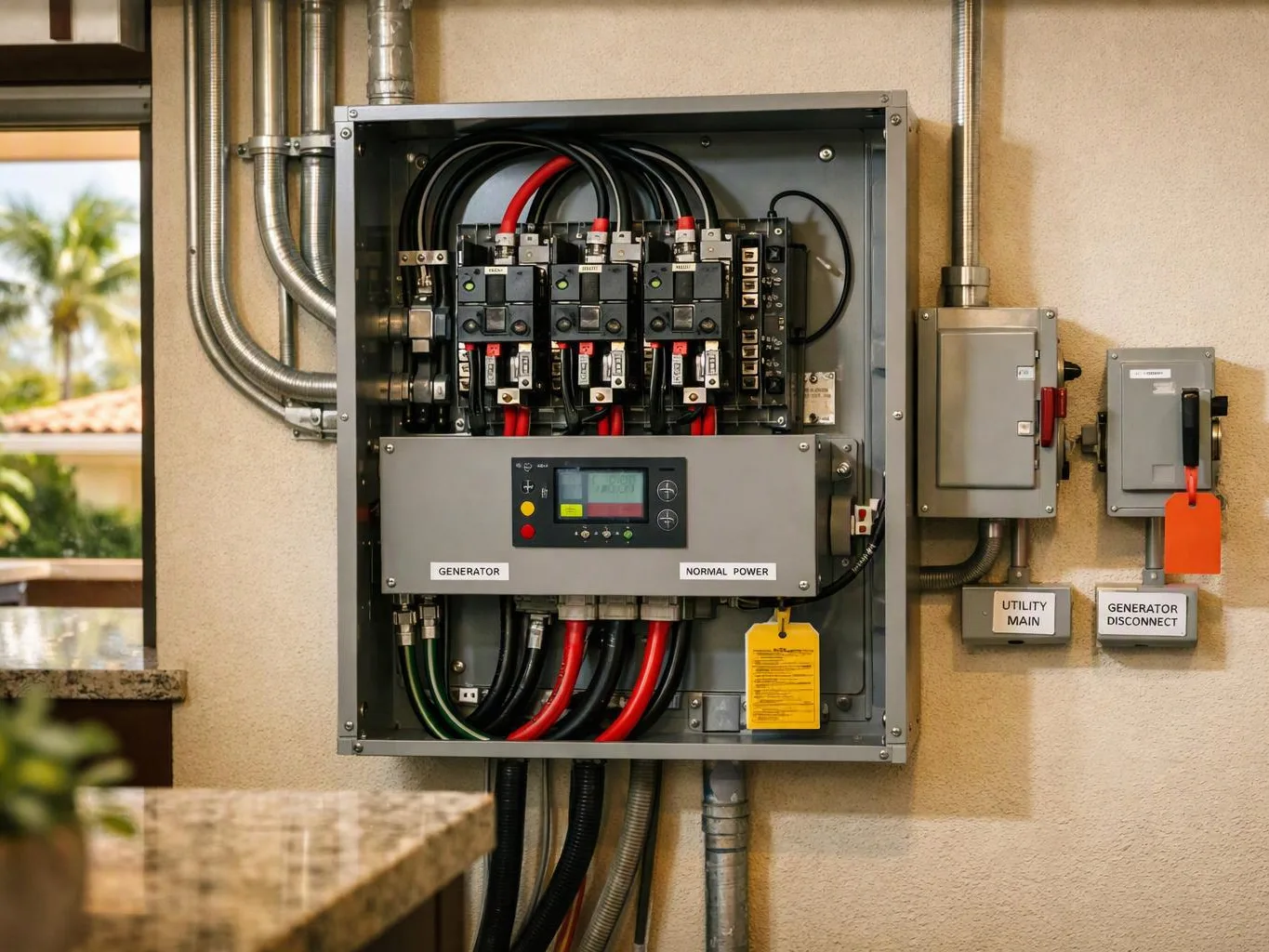 An open electrical control panel shows thick red and black cables, switches