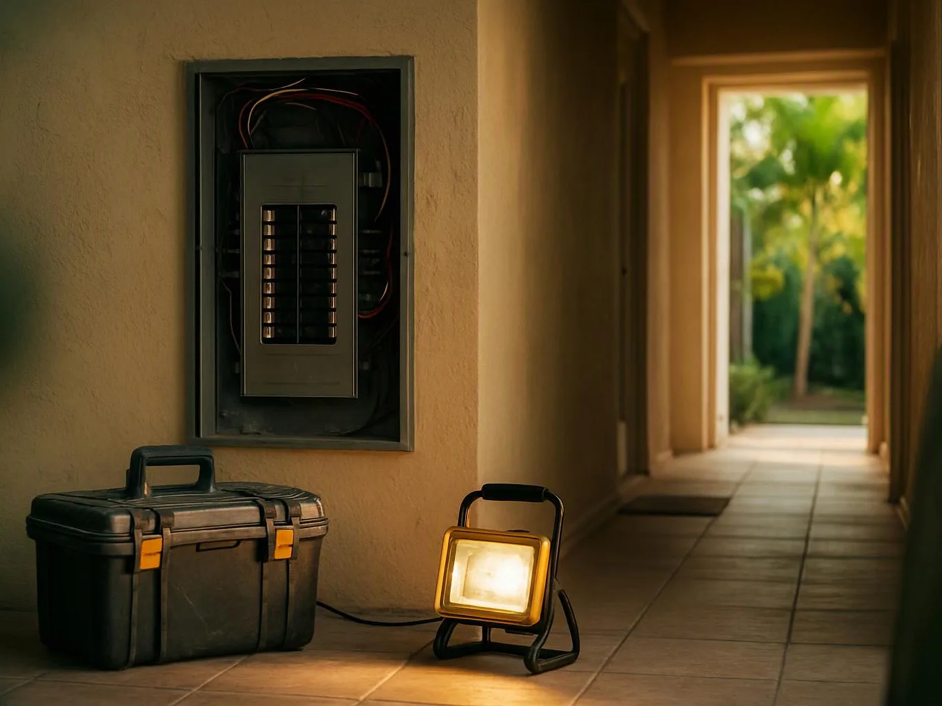 An open electrical panel, a black toolbox, and a lit work light sit in a tiled hallway with an outdoor view at the end