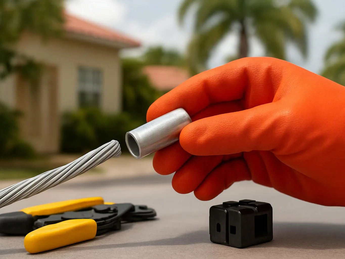 An orange-gloved hand holds a metal sleeve beside a frayed cable, with tools on a table outdoors