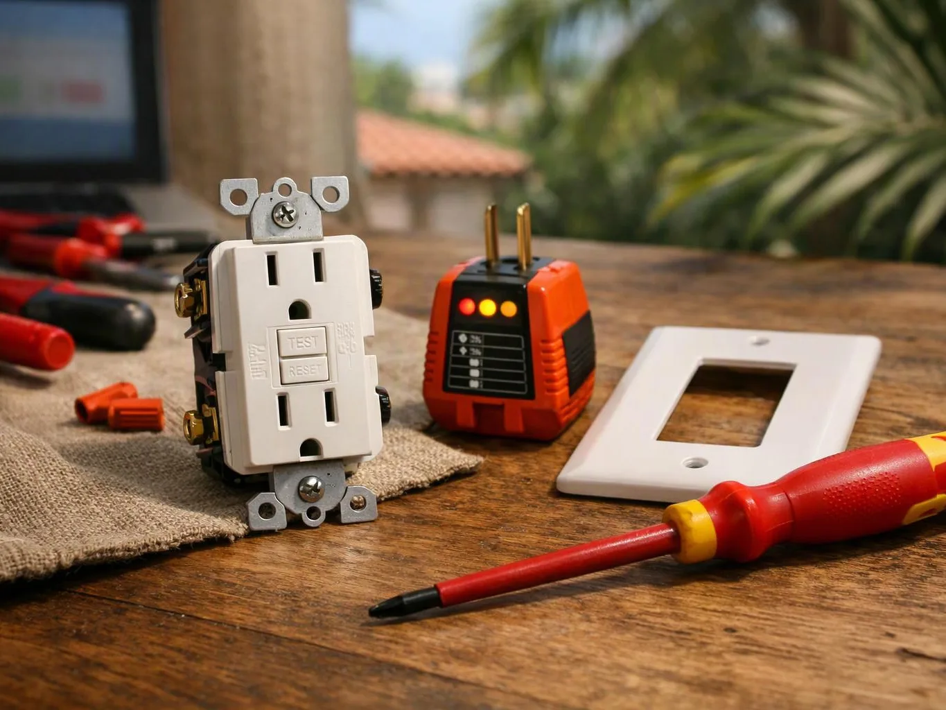 An outlet, tester, faceplate, and screwdriver sit on a wooden table during electrical repair work