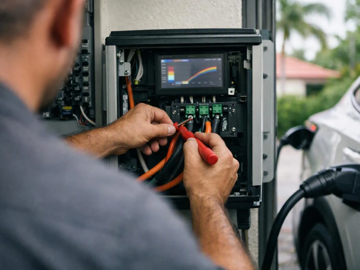 A person adjusts wiring inside an open electric car charging unit beside a plugged-in vehicle