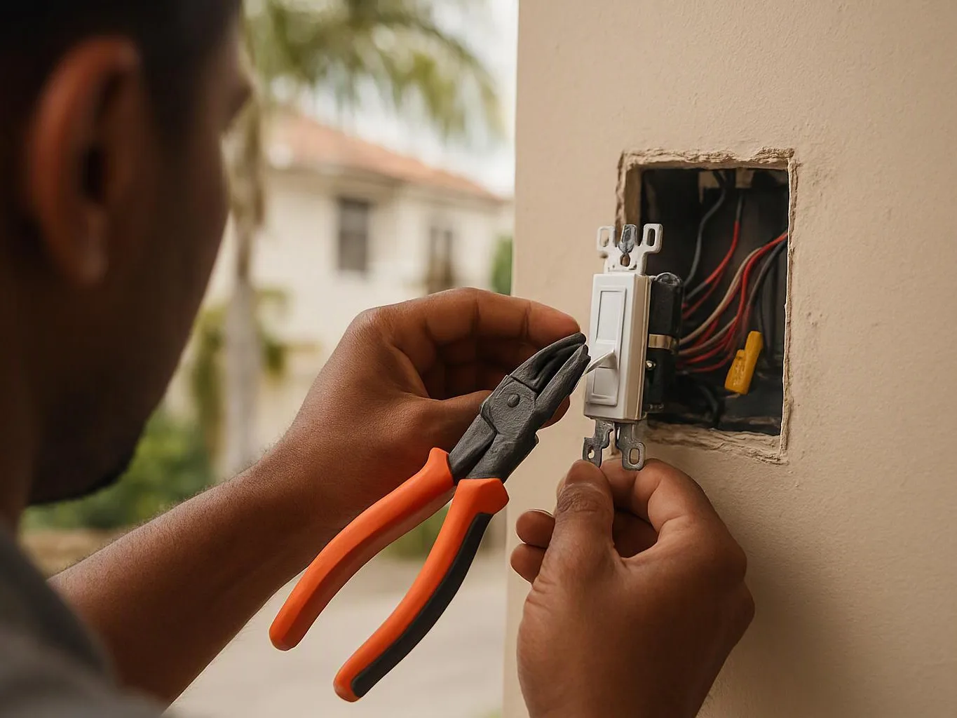 A person installs a wall light switch with orange-handled pliers beside an exposed electrical box outdoors