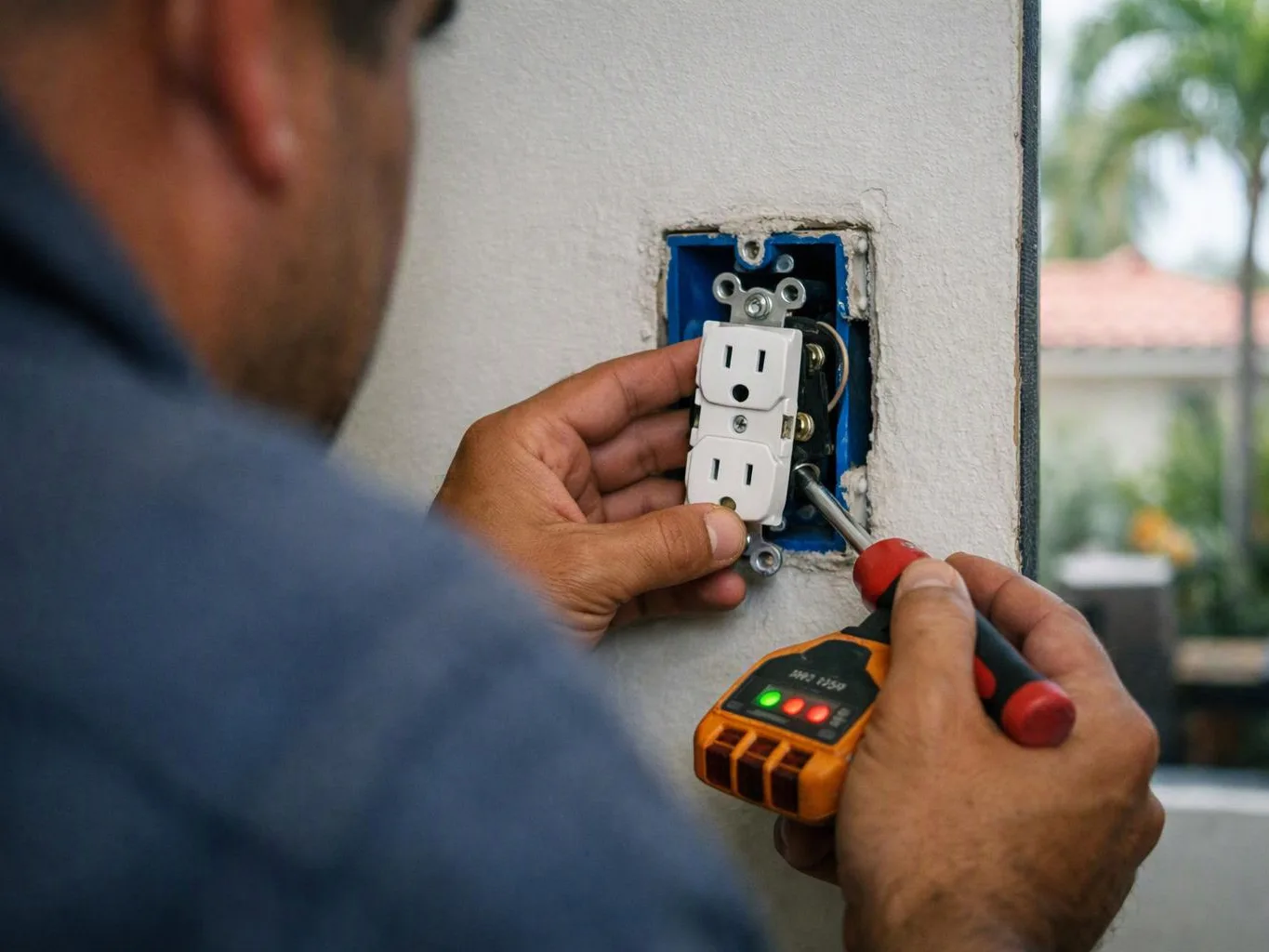 A person installs a wall outlet with a screwdriver and voltage tester against a white wall