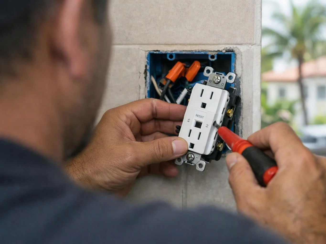 A person installs a white electrical outlet in a wall box with a screwdriver