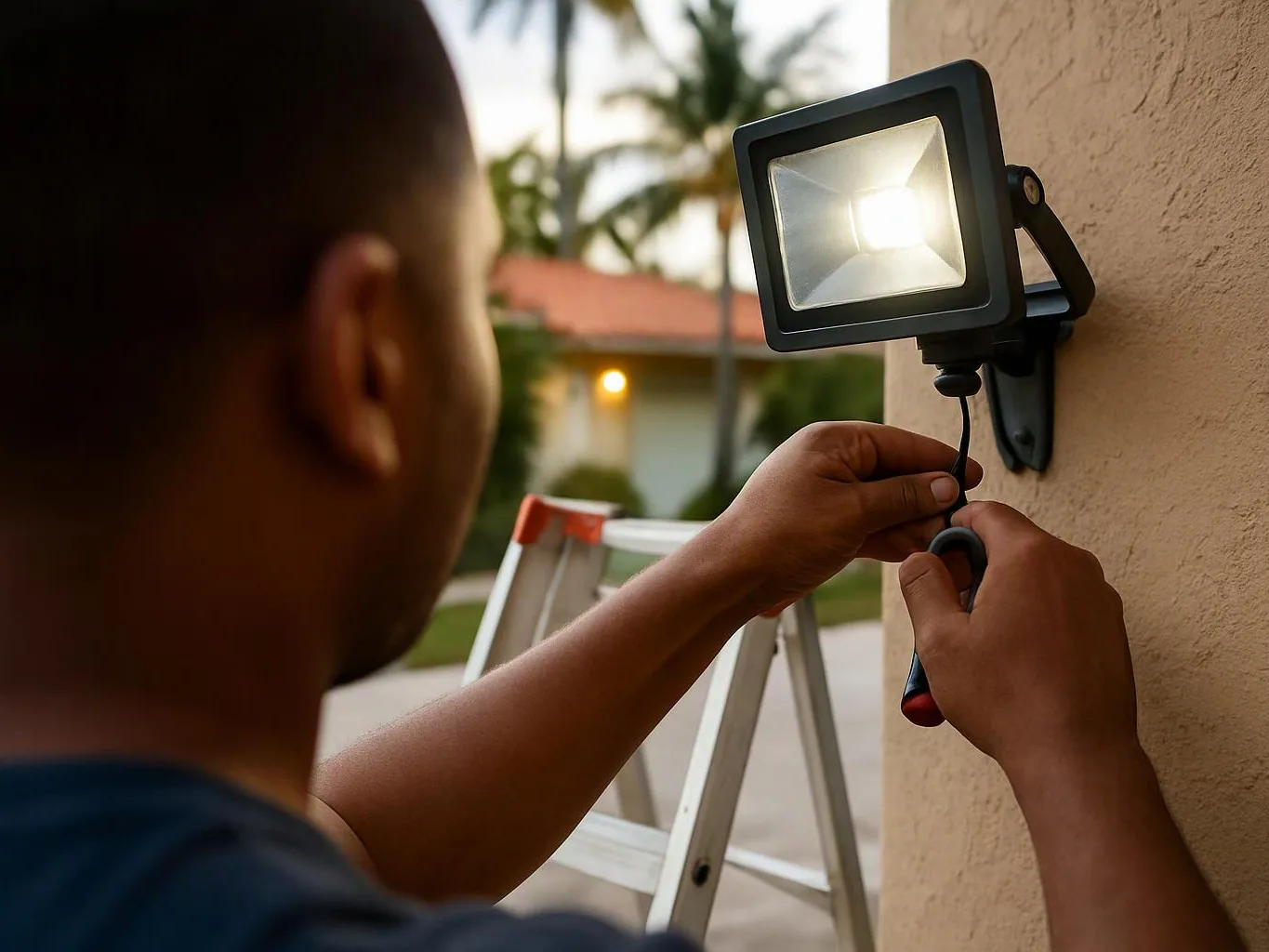 A person on a ladder adjusts a wall-mounted floodlight beside a house at dusk