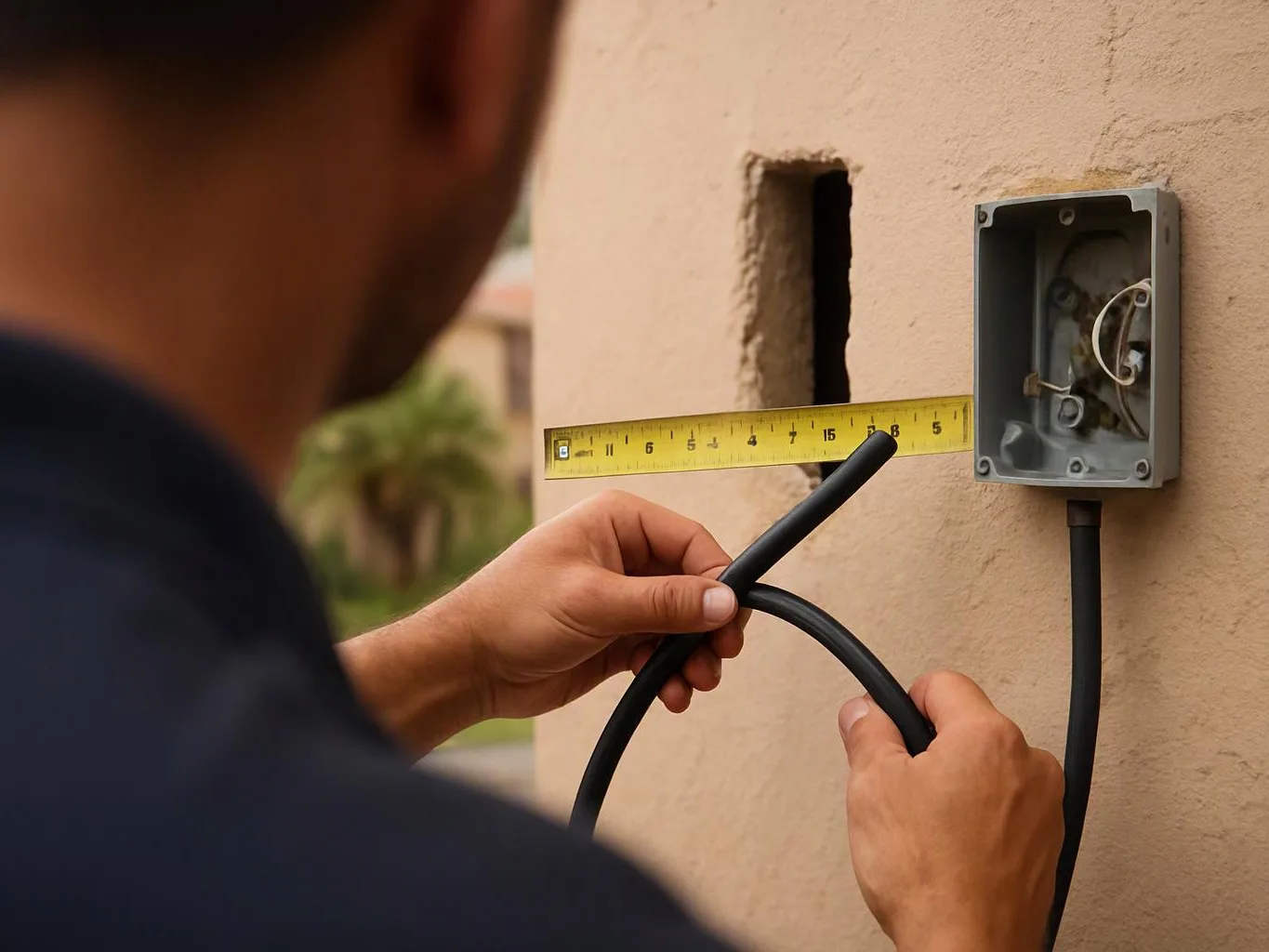 A person measures and threads a black cable beside an open electrical box on a stucco wall
