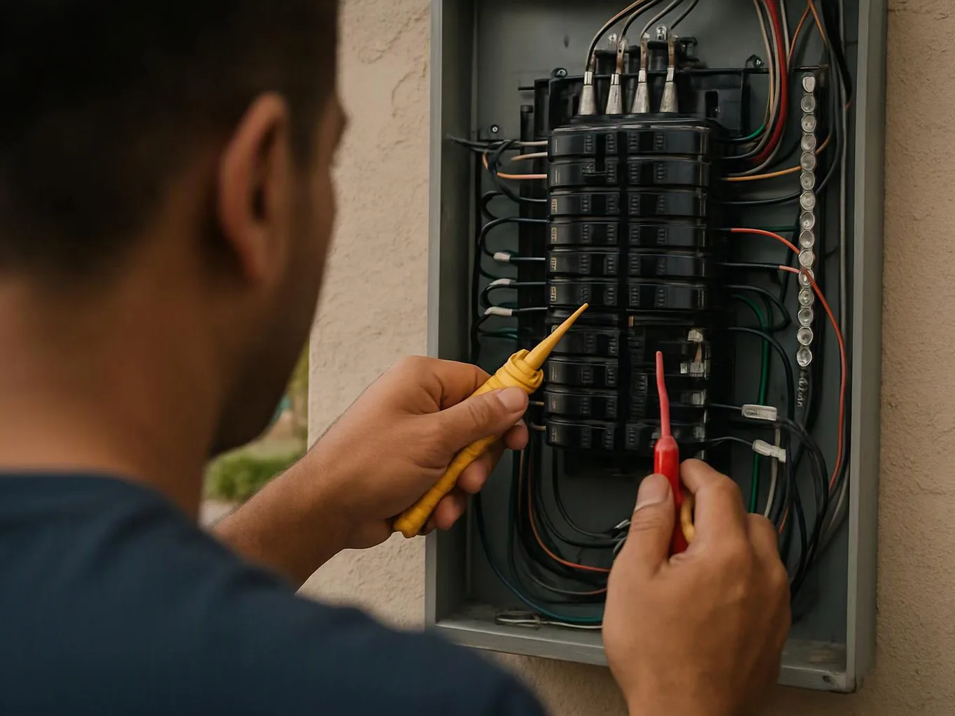 A person tests an open electrical breaker panel with red and yellow probes outdoors