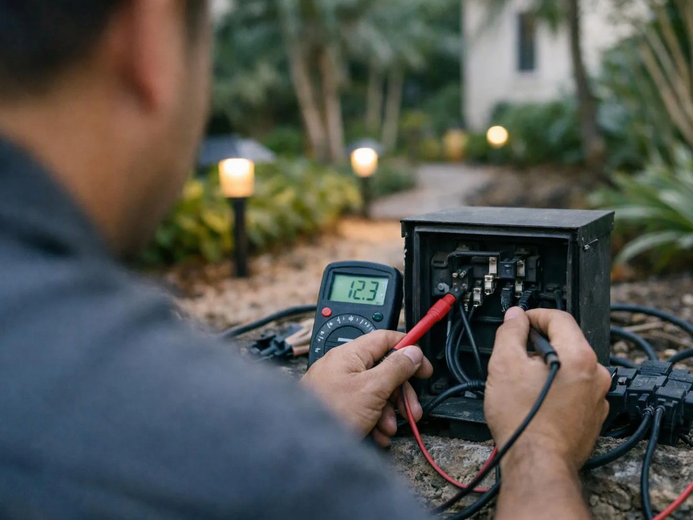 A person tests wires in an open electrical box outdoors with a digital meter nearby