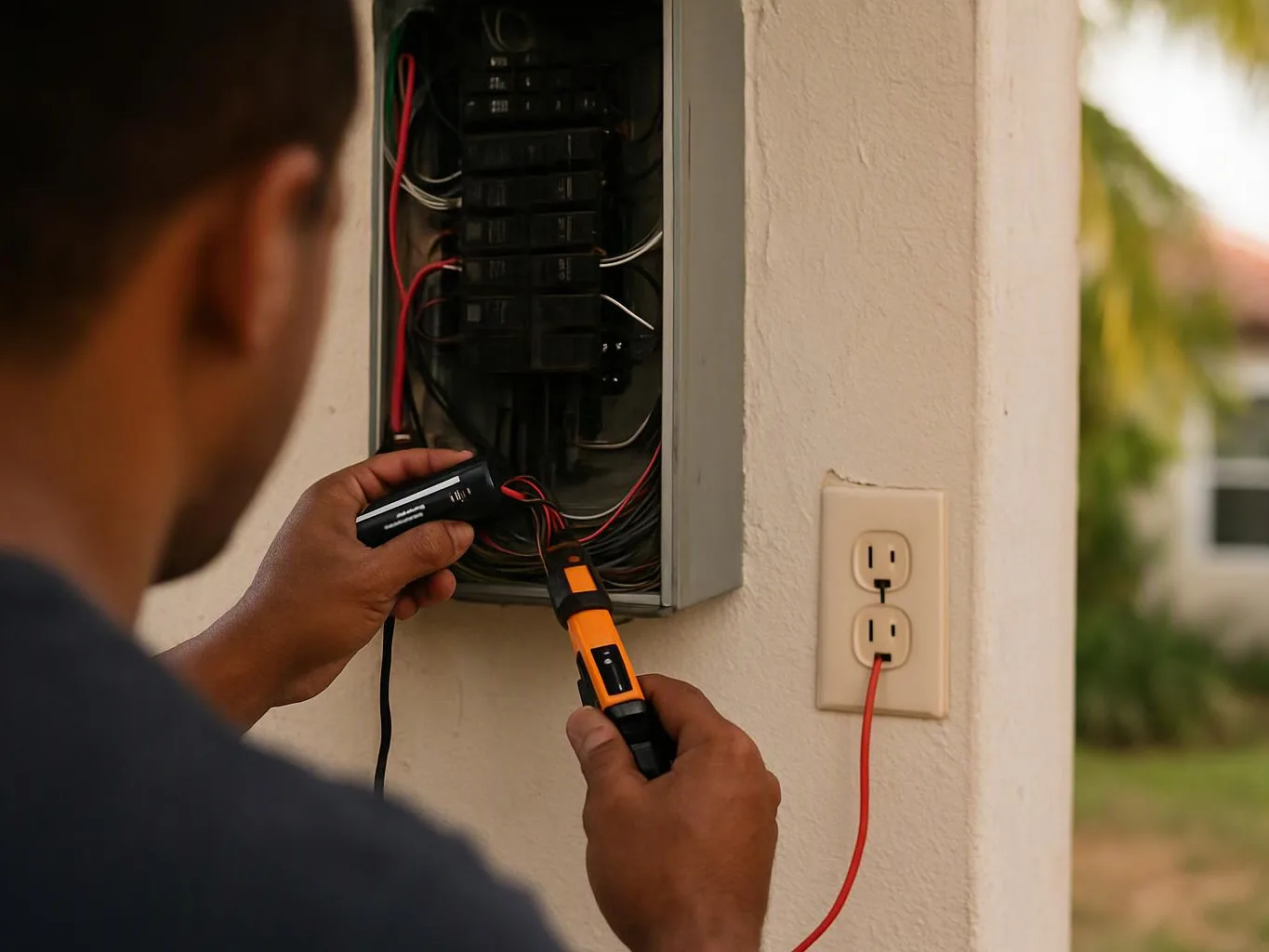 A person tests wiring inside an open electrical panel beside a wall outlet outdoors