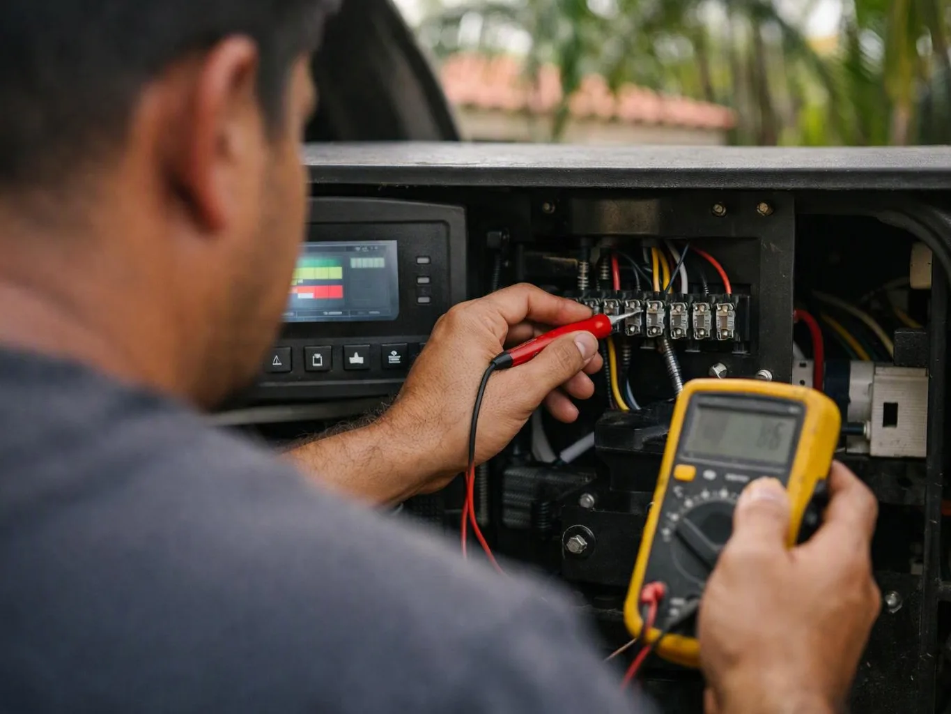 A person tests wiring inside an open electrical panel with a multimeter and red probe outdoors