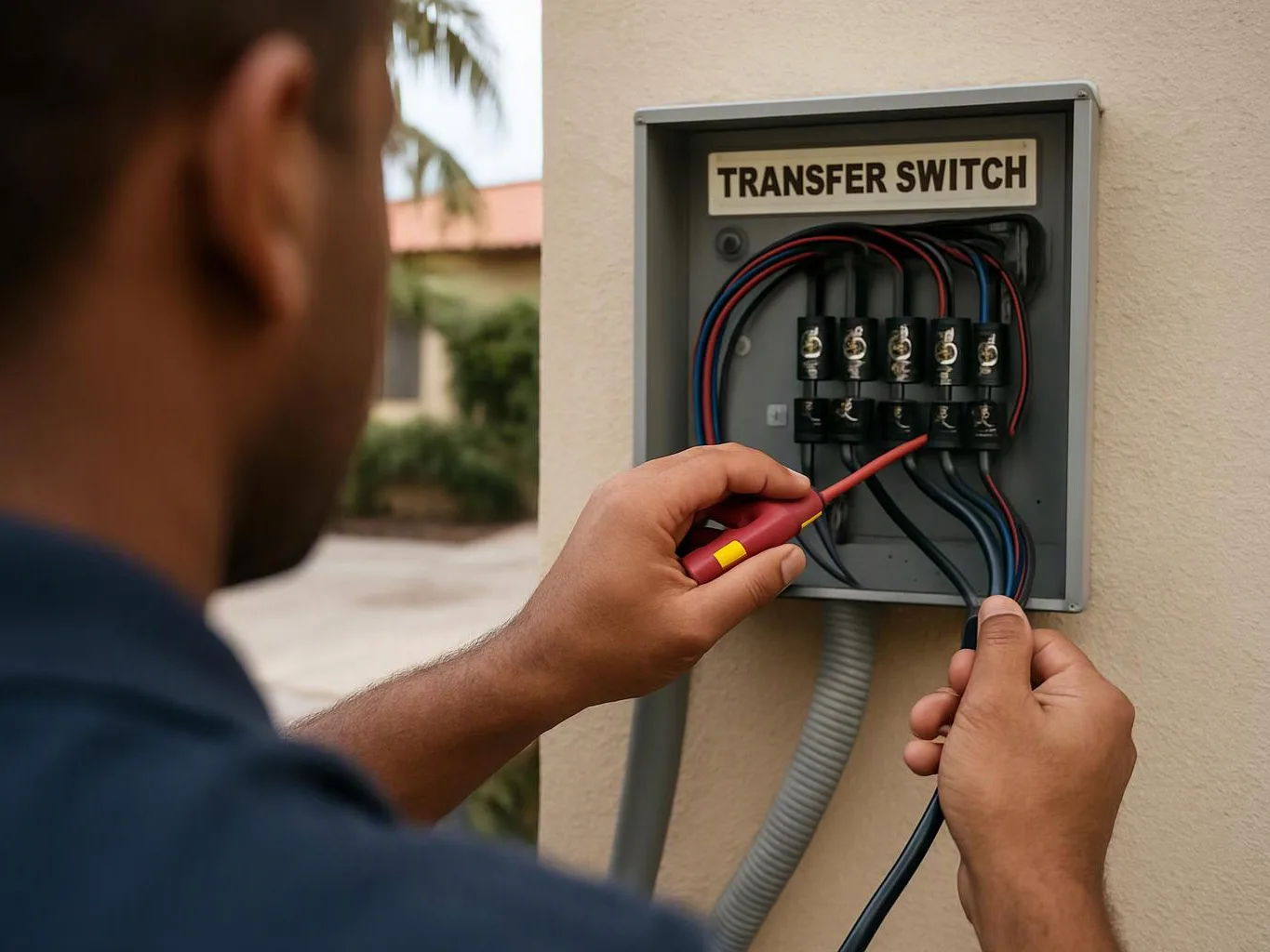 A person uses a red tool to inspect wiring inside an open transfer switch box outdoors