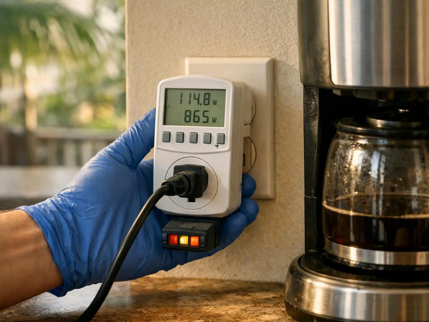 Gloved hand tests a coffee maker with a plug-in power meter